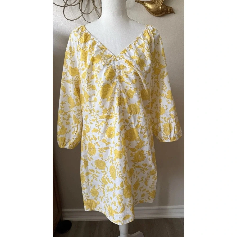 LOFT NWT Floral Cotton Mini Dress Yellow White Puff Sleeve Size 12 Cottagecore